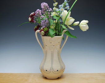 Flower vase w. handles in glossy Ivory w. Dogwood blossoms & Navy detail, Victorian modern Home decor