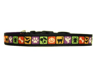 5/8 or 3/4 Inch Wide Dog Collar with Adjustable Buckle or Martingale in Halloween Tiles