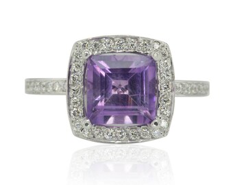 Amethyst Ring, Halo Engagement Ring with Princess cut Amethyst and Diamonds in 14k White Gold - February Birthstone Ring - LS1722