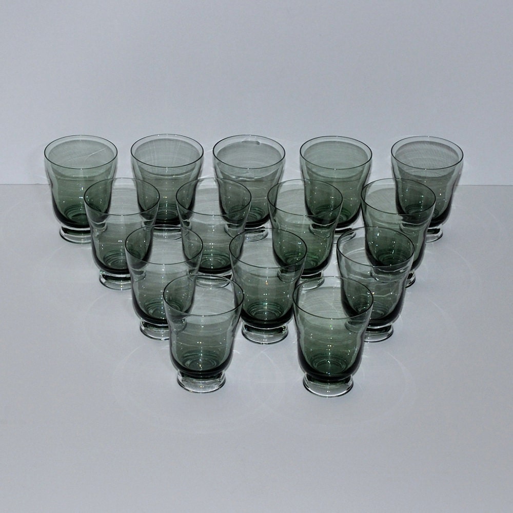 Mid Century Modern Smoked Green Glass Tumblers, Set of 14 Haute Juice