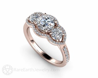 moissanite engagement ring 3 stone diamond halo forever one moissanite ring 14k or 18k conflict free - Moissanite Wedding Rings moissanite engagement ring 3 stone diamond halo forever one moissanite ring 14k or 18k conflict free - Moissanite Wedding Rings