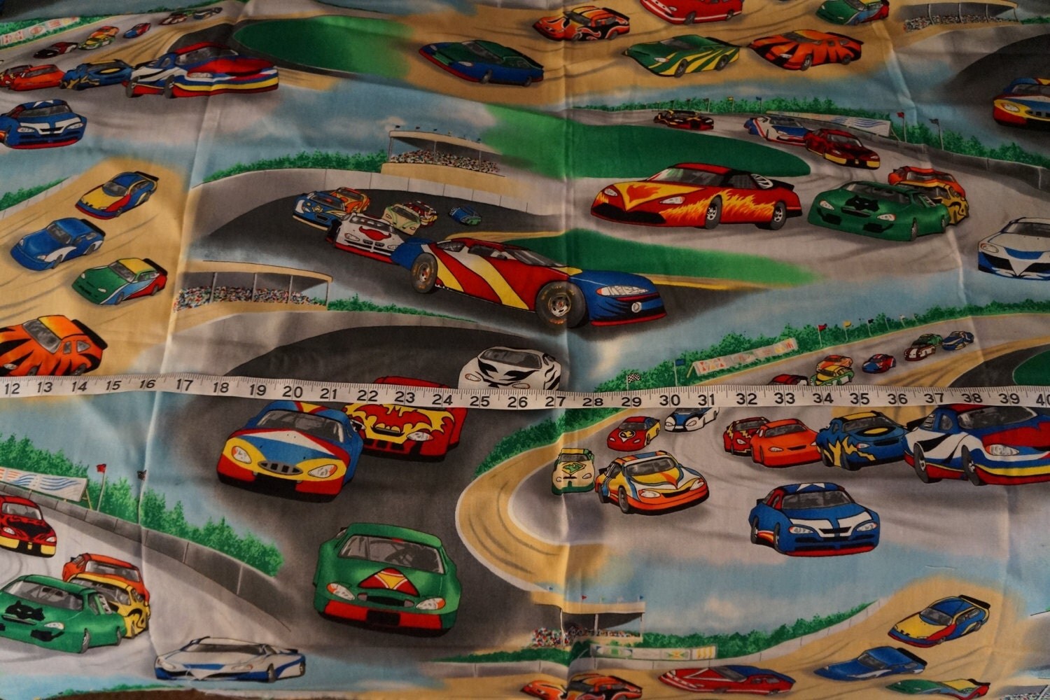 Colorful Race Cars Racing Raceway Scenic Fabric 27 inch from