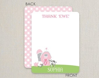 Farm Thank you Notes - Flat Notecards Stationery with 2-sided printing - pink and green