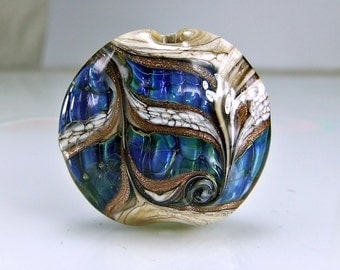 Glass Lampwork Focal Bead Antique Ivory Blue Goldstone