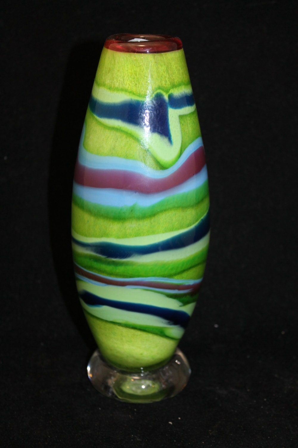 Lime Green MultiStriped Striped Hand Blown Glass Flower Vase