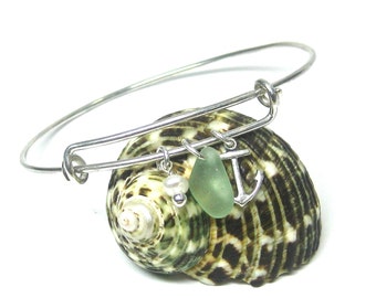 Adjustable Seafoam Sea Glass Bangle Bracelet | Beach Glass Bracelet | Adjustable Sterling Silver Bangle | Bangle Bracelet | Anchor Bracelet