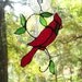 Stained Glass Suncatcher, Red Cardinal on Wire with Leaves