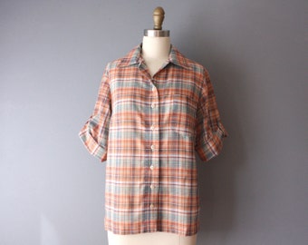 vintage 70s blouse / plaid button up shirt / cuffed sleeve blouse