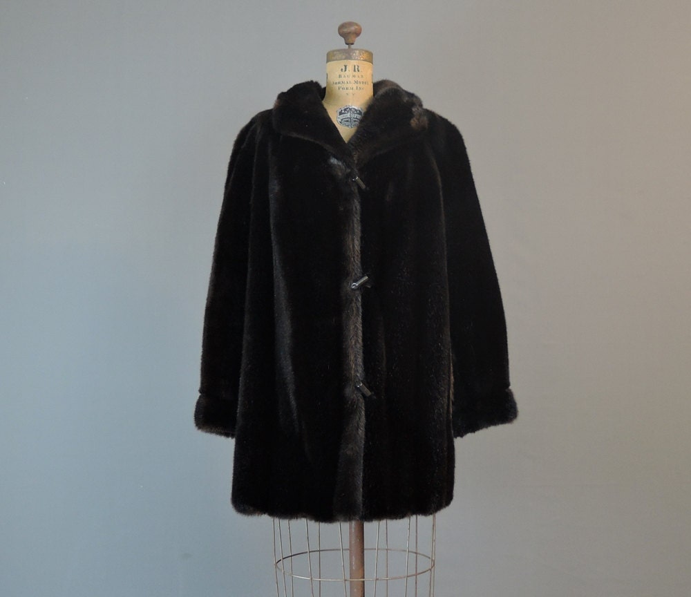 1960s Black Brown Faux Fur Coat fits 44 inch bust Large