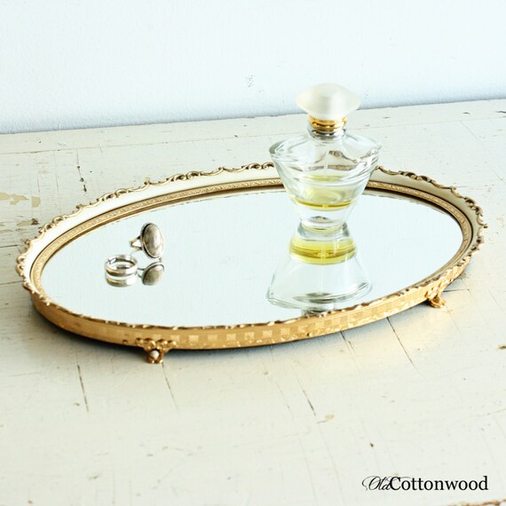 Vintage footed mirror tray perfume tray jewelry tray