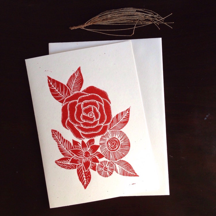 Flowers. Linocut card. Stationary. by Toshisworld on Etsy