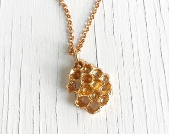 Honeycomb Necklace, Beehive Pendant, Bronze Honeycomb Necklace, bee necklace, Honeycomb Jewelry, Handmade in Austin, Natural Honeycomb