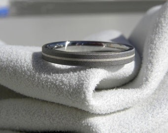 Titanium Ring with Silver Pinstripe Inlay, Wedding Band, Sandblasted Ring