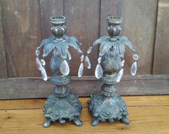 Vintage Metal Victorian Hollywood Regency Candle Holders With Glass Prisms Loevsky Style
