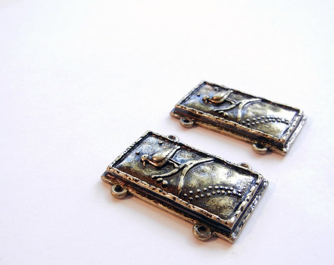 Pair of Bird on Branch Charms Double Link Burnished Gold-tone Rectanglular