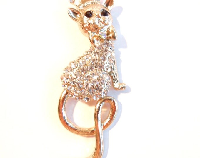 Cat with Crown and Rhinestones Pendant Gold-tone