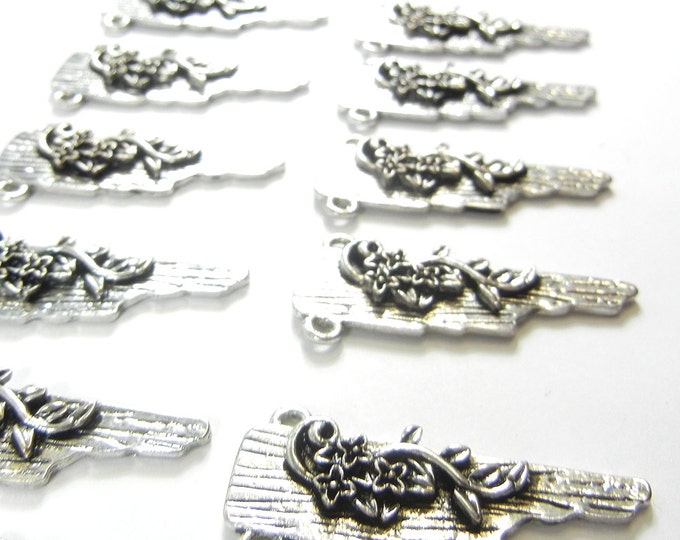 Set of 10 Long Floral Themed Double Link Charms Antique Silver-tone