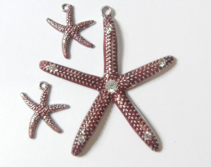 Set of Deep Red Brown Starfish Pendant and Charms Rhinestone Accents