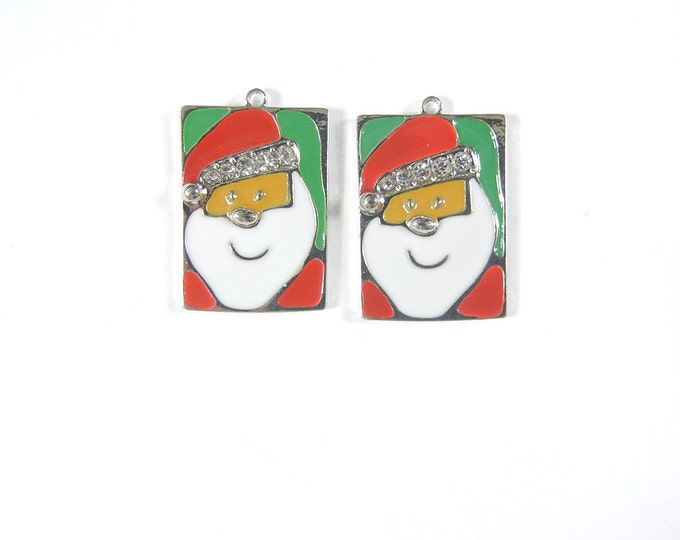 Pair of Santa Head Charms Rectangular with Rhinestones and Red and Green Epoxy