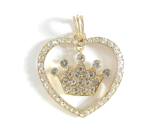 Heart with Linked Crown Pendant Gold-tone Rhinestones