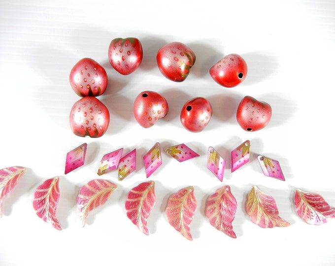 Set of 8 Dimensional Acrylic Strawberry Beads 8 Leaf Charms 8 Diamond Shaped Charms