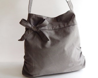Sale - Grey Canvas Bag, tote, handbag, purse, bow, Crossbody bag, messenger bag, shoulder bag, unique - Dessert