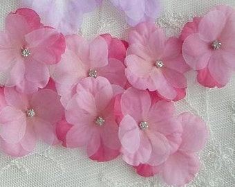 36 pc Rhinestone Beaded Flower Applique Hot Pink Baby Hydrangea Petals Bow