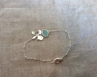 Silver Orchid Bracelet with turquoise crystal, bridal jewelry,