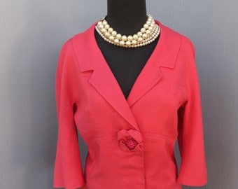 Vintage 60s Suit, GRIONI, Coral Suit, 2 Pc Silk Suit, Jackie Kennedy, Mad Men Suit, Classic 1960s Jacket and Skirt Set