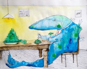 WHALE Art, Aquatic Illustration Artwork, Ocean Drawing, Funny Food Art Print - "Dinner with a Whale" by Far Out Arts