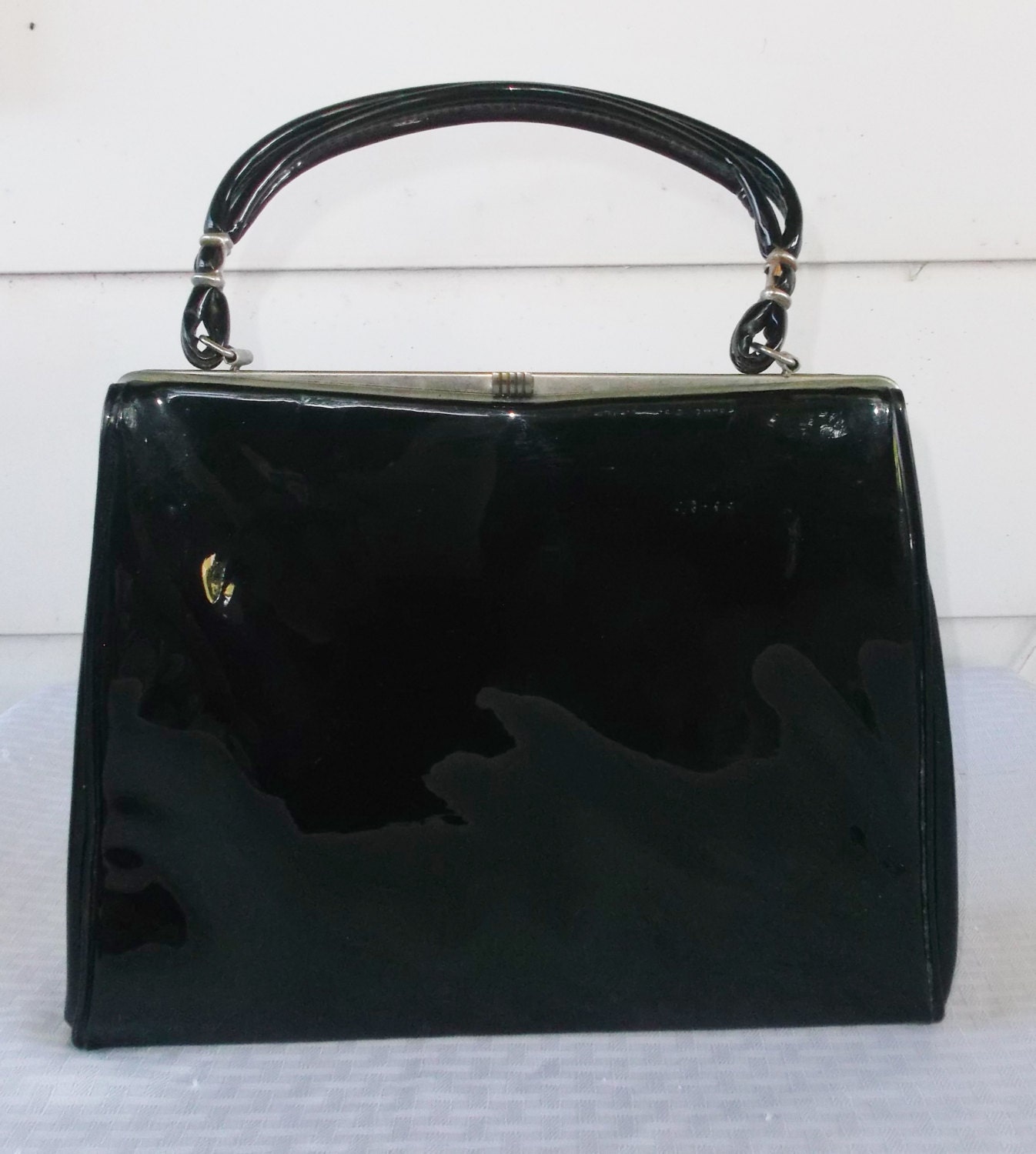 1960s Vintage Shiny Black Patent Leather Purse Handbag by