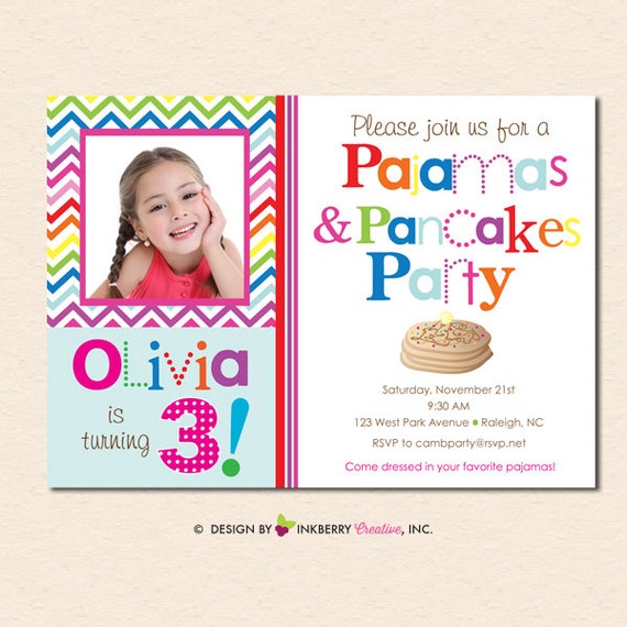 Rainbow Chevron Pancakes and Pajamas - Birthday Party PHOTO Invitation (Digital File or Upgrade to Printed Cards) Il_570xn