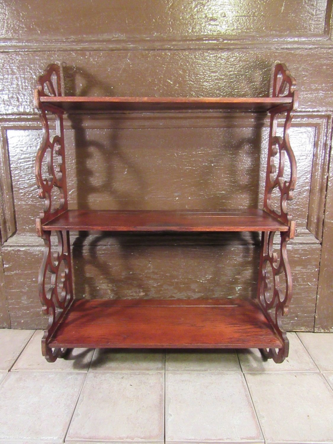 Old ornate wood wall shelf 3 tier ornate sides solid