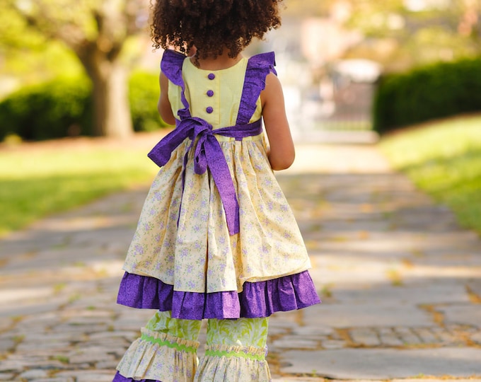 Boutique Spring Outfit - Little Girls Clothes - Toddler Girl - Ruffle Dress - Yellow - Purple - Summer - Flutter Sleeve Dress - sz 2T to 8