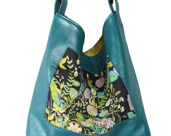 Flower Show Teal Leather Handbag, Boho Tote