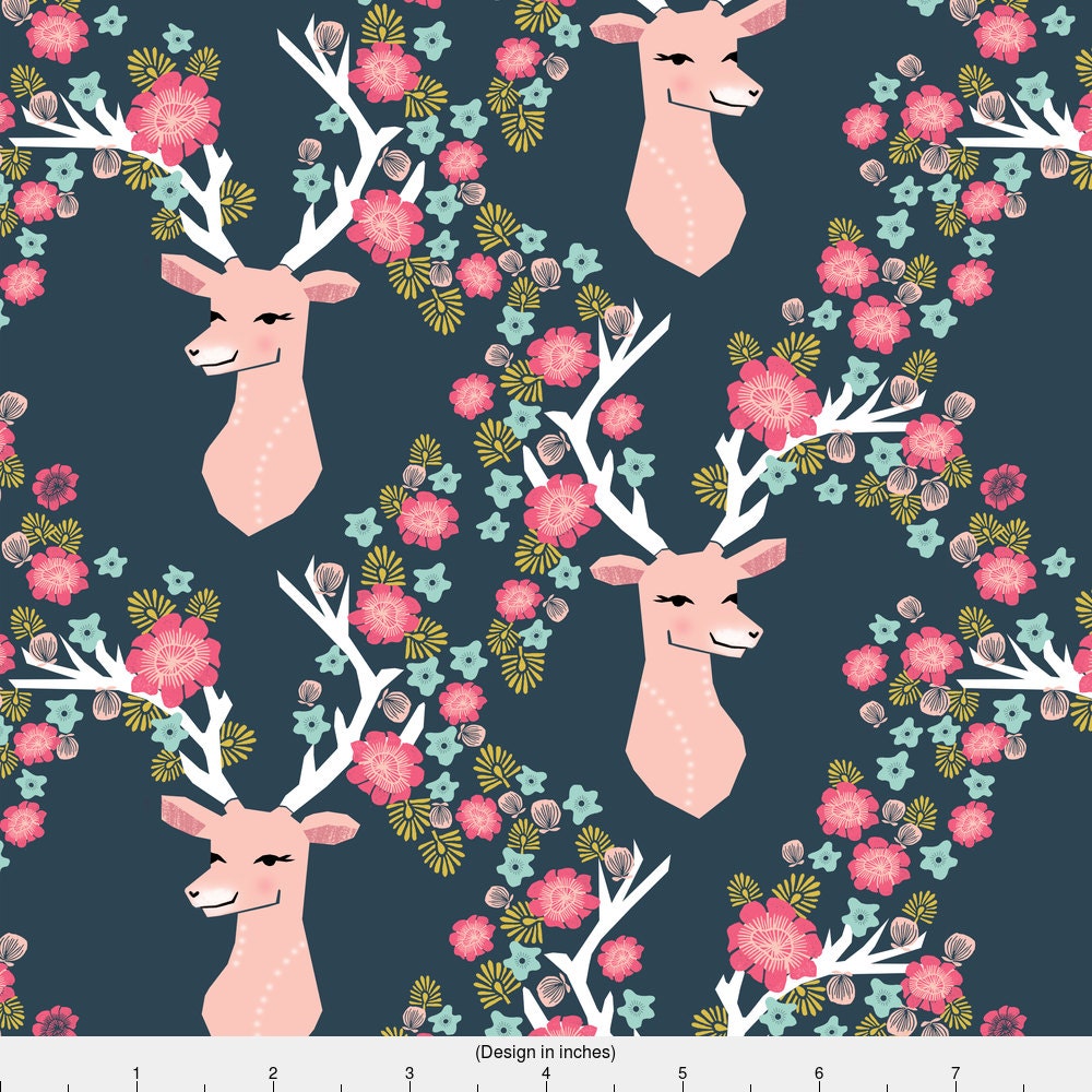 Woodland Deer Fabric Floral Deer // Deer Head with Flowers