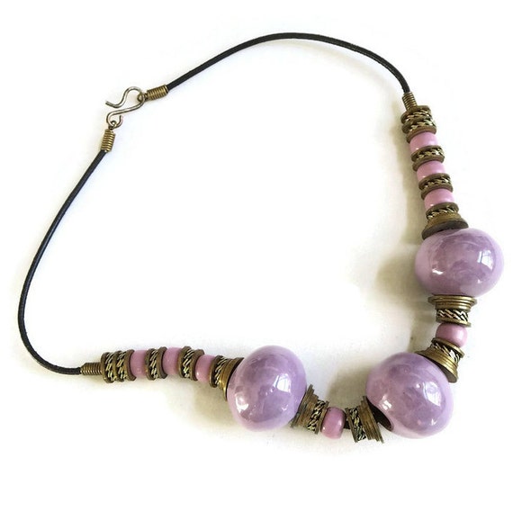 Purple Glass Necklace Metal Beads Vintage Ethnic Boho