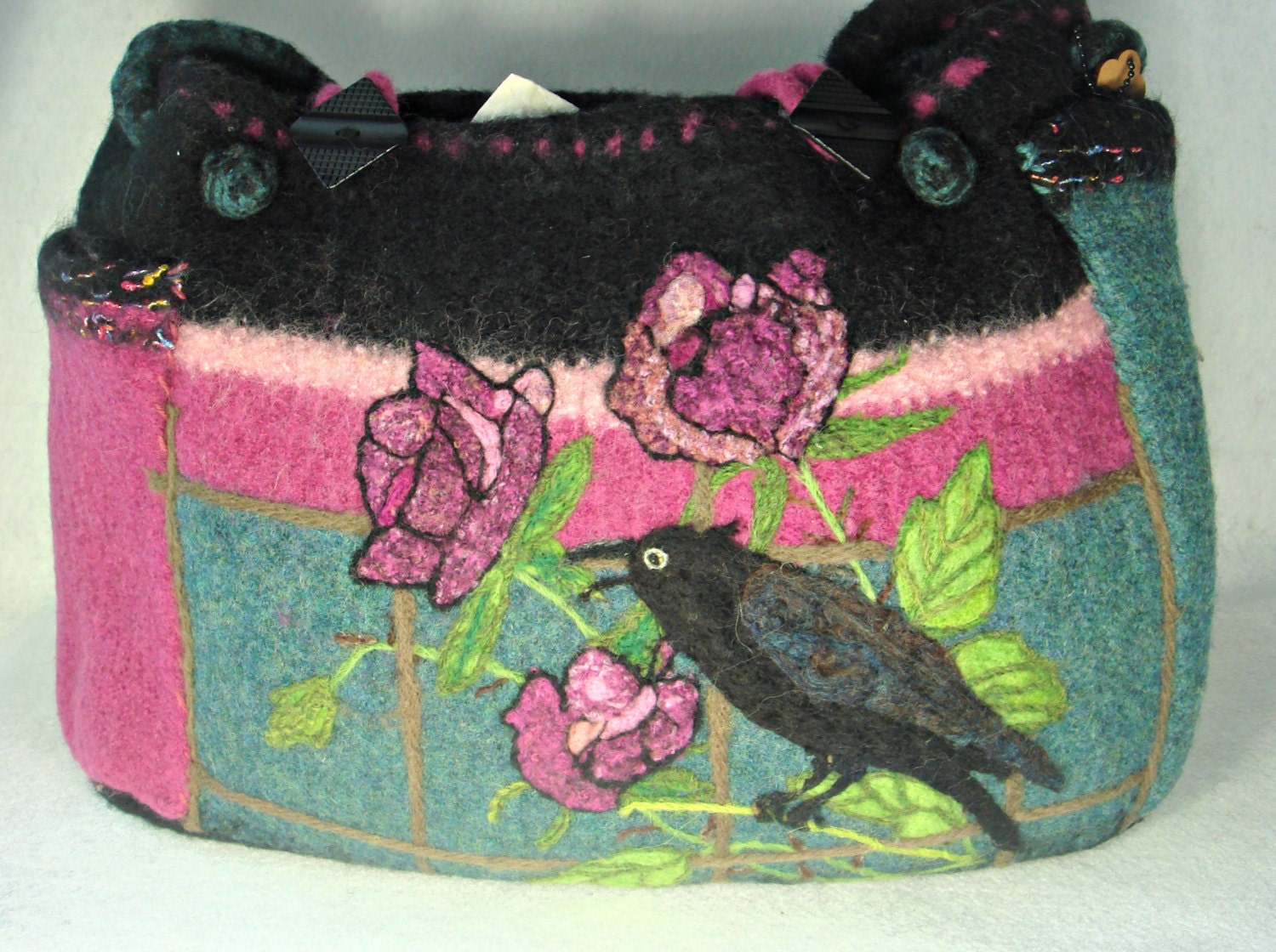ON SALE Felted Purse, Felted Tote, RAVEN Purse,Travel Bag,Bird Art, Needle Felt Raven, Needle