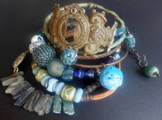 Oceanic 1. Bangle stack. Rustic tribal gypsy bracelet set with cuff in blues and greens.