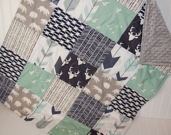 baby quilt- baby boy quilt-minky baby quilt- mint baby quilt- navy baby quilt- baby bedding- arrow baby quilt- woodland baby bedding