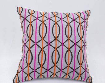 Trellis Throw Pillow Cover, Modern Geometric Pillow, Gray Linen Orange Fuchsia Trellis Embroidery, Contemporary Cushion, Home Decor