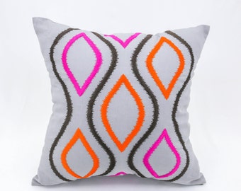 Ikat Throw Pillow Cover, Modern Geometric Pillow, Gray Linen Orange Fuchsia Ikat Embroidery, Contemporary Cushion, Home Decor