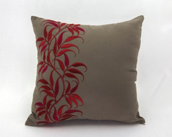 Leaves Pillow Cover, Medium Taupe Linen Pillow Red Leaf Embroidery, Floral Throw Pillow, Red Taupe Pillow Shams, Contemporary pillow