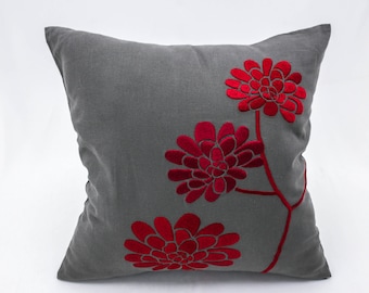 Red Pillow Cover, Embroidered Floral Pillow, Gray Linen Pillow Red Peony, Accent Pillow, Christmas Decor, Holiday Pillow Decors