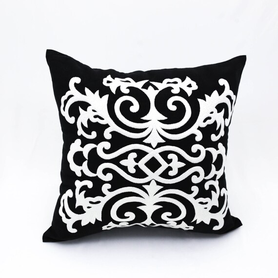 Damask Pillow Cover Black Linen White Damask Embroidery