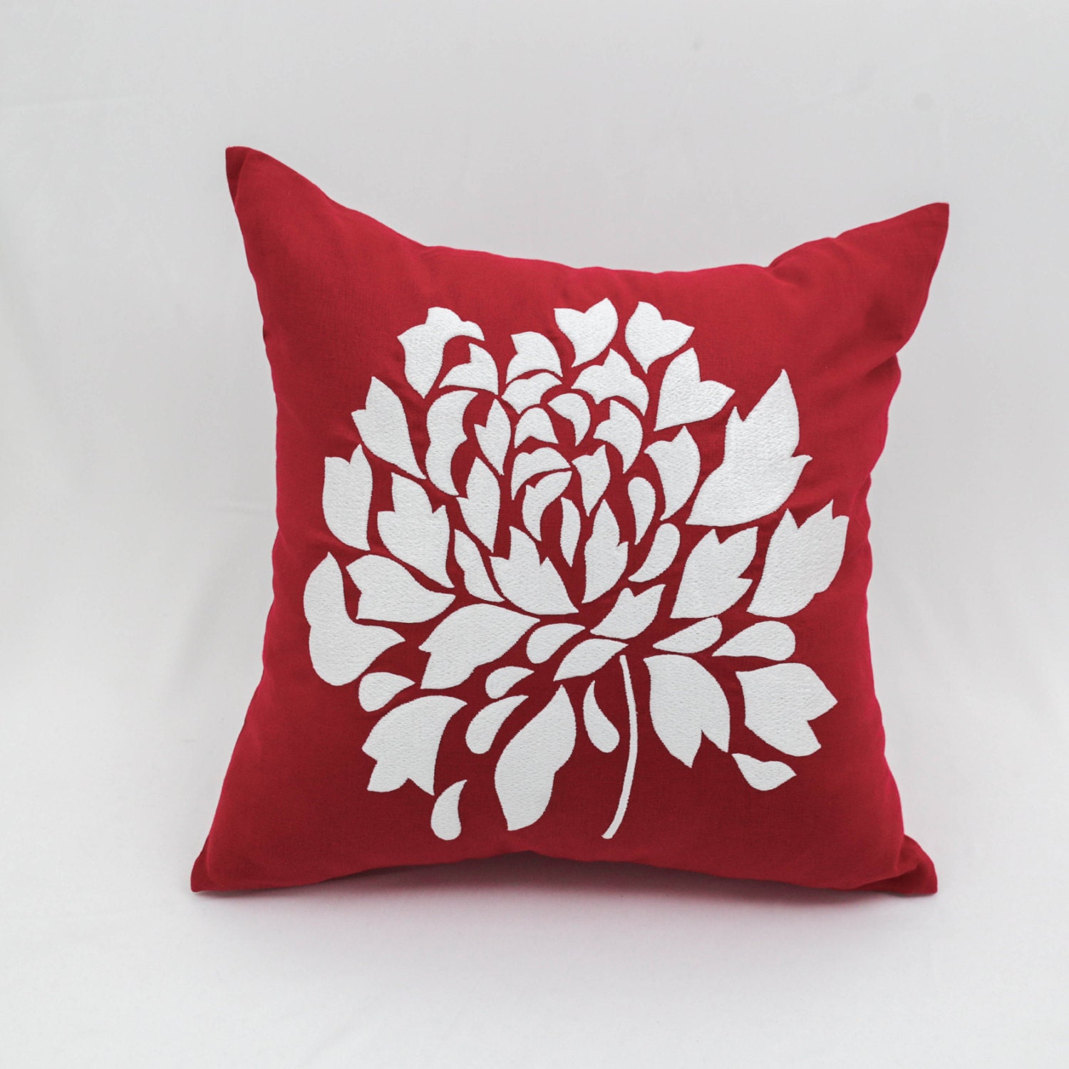 Red Flower Pillow Cover Red Linen Pillow White Flower