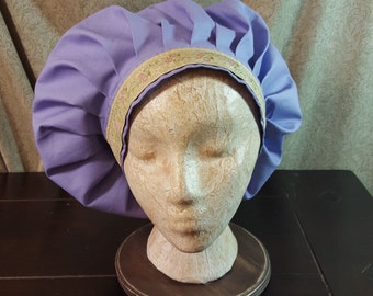 Muffin Hat Cap in Lavender, Embroidered Jacquard Trim, Renaissance Costume, Mob Cap, Medieval Caul, Peasant Headwear, SCA LARP Garb
