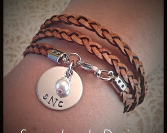 Flat Leather Triple Wrap Monogram Bracelet - 1 sided stainless steel disc & components - choice of leather and size - Swarovski crystal