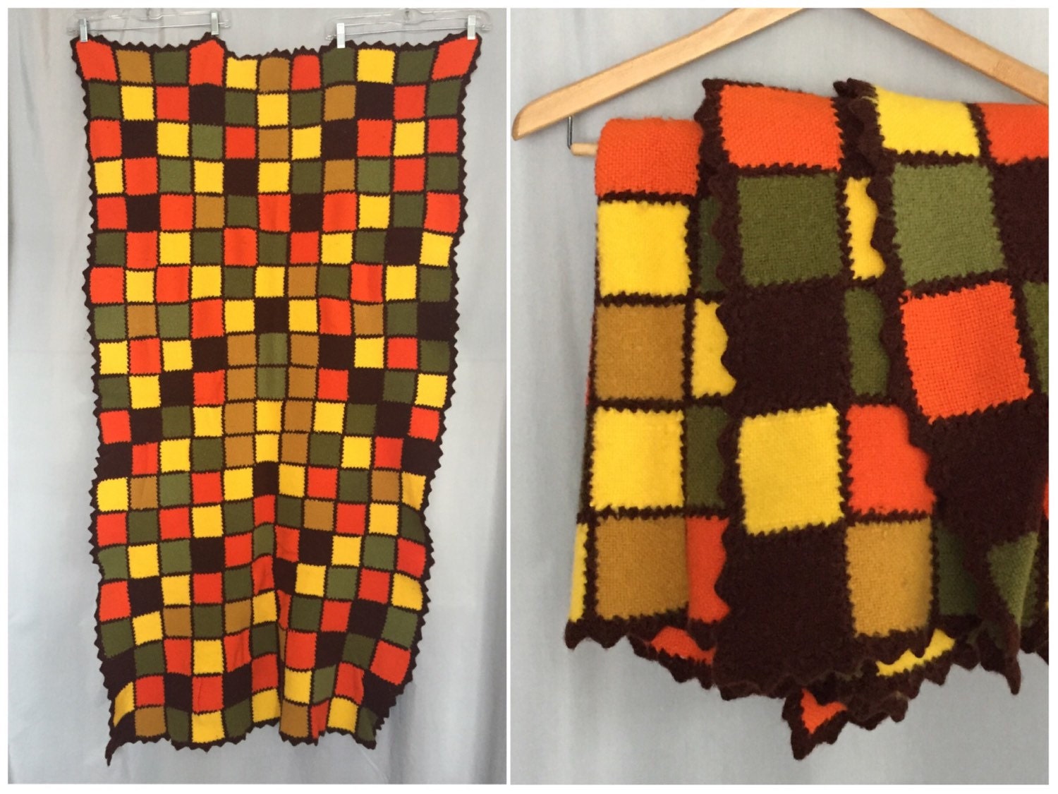 Blanket Vintage Knit Handmade Brown Green Orange Yellow