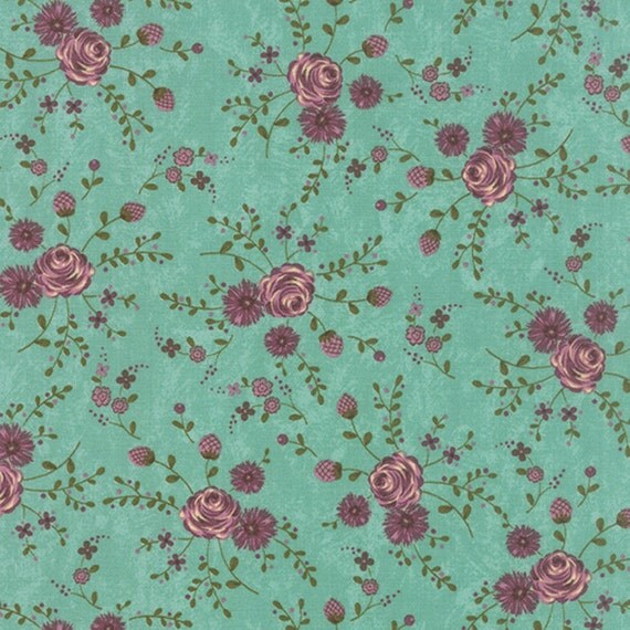 Teal Flower Prints Charming Fabric 15 x 44